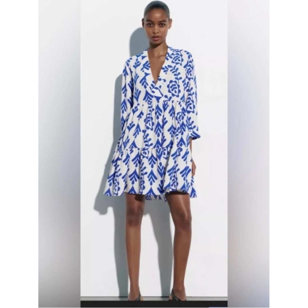 Zara Mediterranean Cobalt Blue White Block Print Tiered Mini Dress‎ V-Neck Small